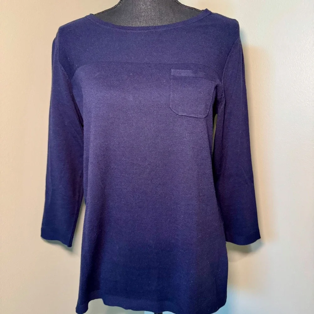 Talbots Womens Navy Blue 3/4 Sleeve Knit Sweater Top Size S‎ With Pocket